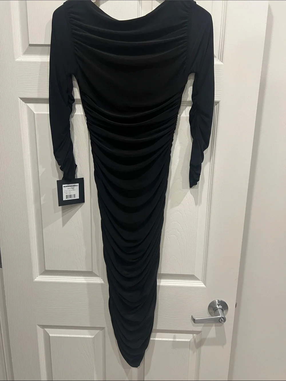 Norma Kamali Black Ruched V-Neck Long-Sleeve Midi Dress